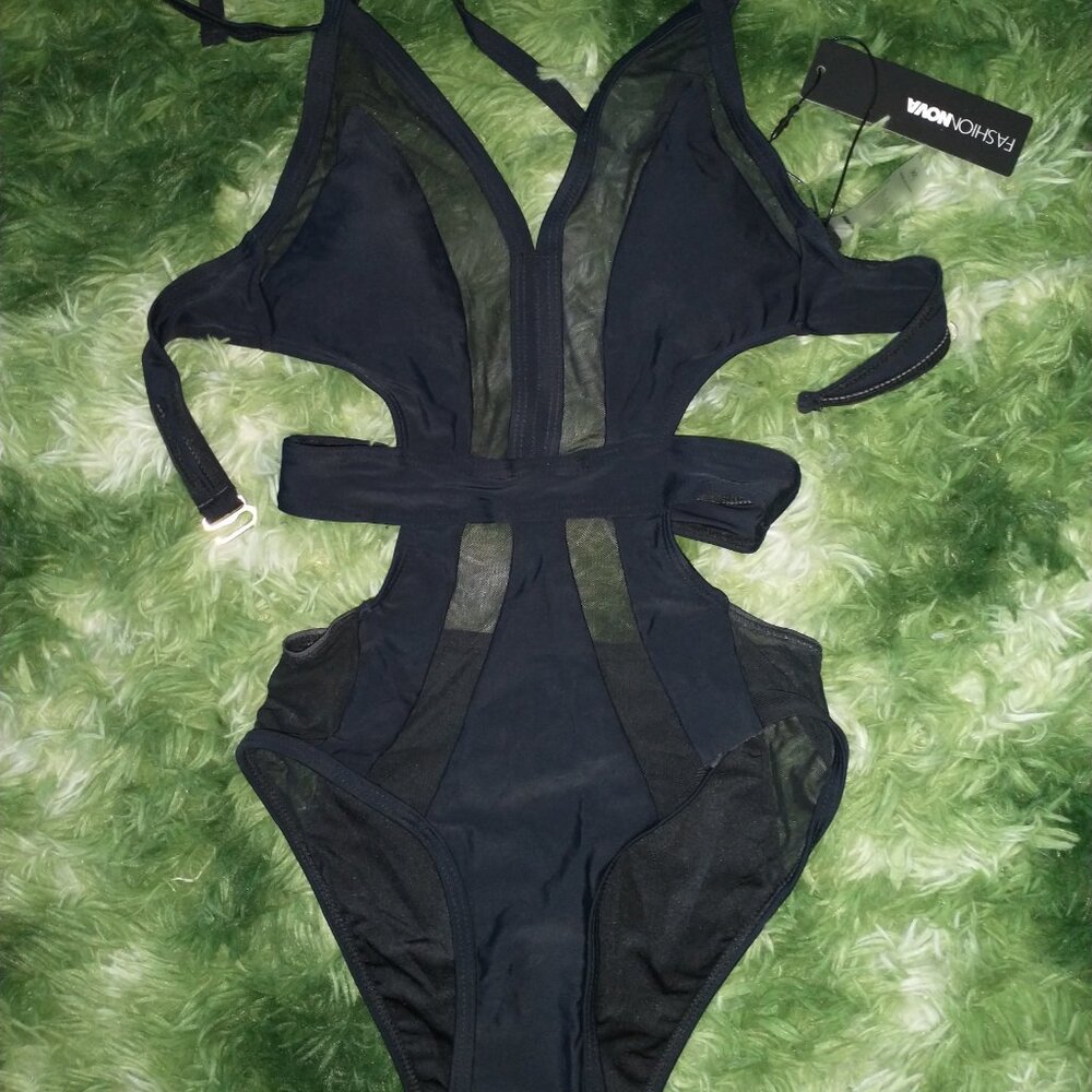 Strappy Mesh One-Piece Swim, Black